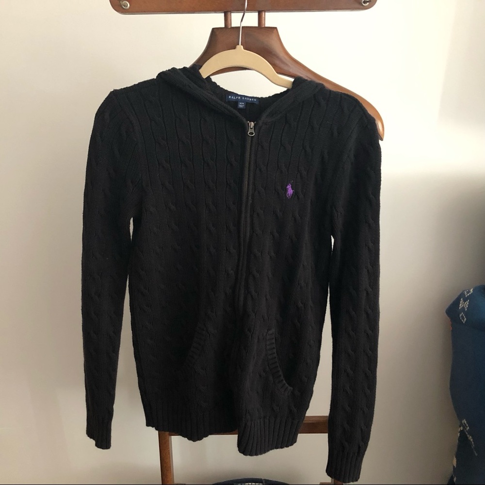 Raps Lauren Black Cable Knit Zipper Hooded Sweater